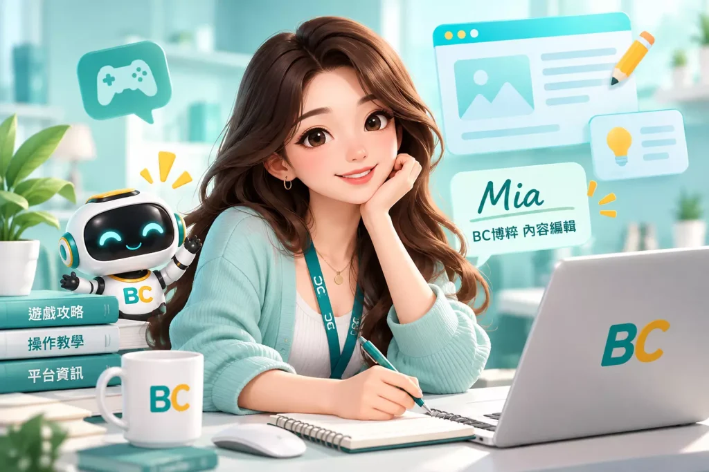 BC博粹作者 Mia 形象插畫，女性編輯坐在桌前，背景搭配網站內容與編輯資訊。