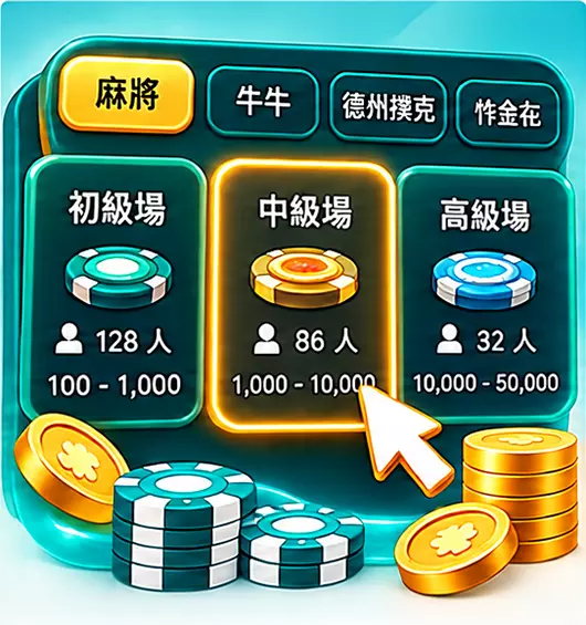 棋牌遊戲種類介紹圖片，遊戲介面顯示麻將、牛牛等棋牌項目及不同遊戲房間。