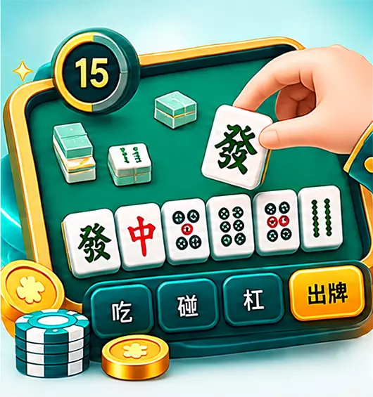 麻將遊戲玩法示意圖，玩家手持發財麻將牌搭配麻將桌、籌碼與數字標記。