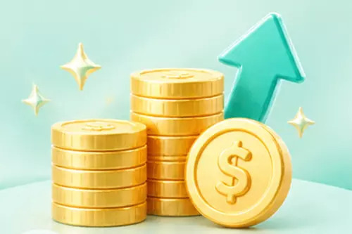 BC博粹首次儲值金額示意圖，金幣堆疊搭配青綠色向上箭頭。