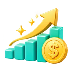 BC博粹首儲優惠金額示意圖，金幣、長條統計圖與向上箭頭呈現數值變化。