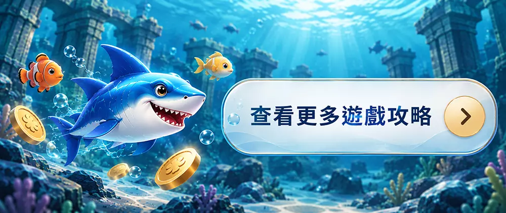 捕魚遊戲種類介紹圖片，海底鯊魚與魚群搭配查看更多遊戲的介面按鈕。