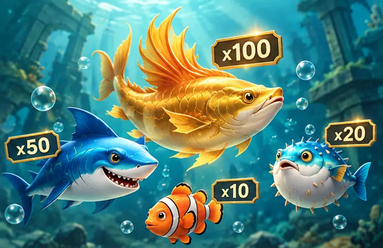 捕魚遊戲高倍率魚種示意圖，金色大型魚類搭配 x100 倍率標記與海底魚群。
