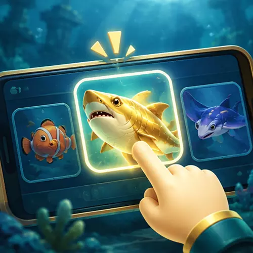 捕魚遊戲魚種選擇示意圖，手指點選遊戲螢幕中的金色魚類圖示。