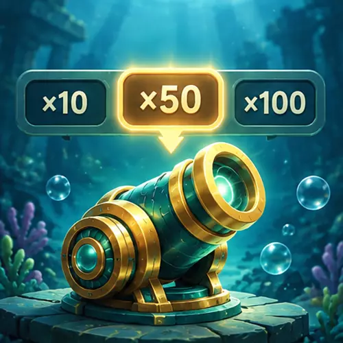 捕魚遊戲倍率選擇示意圖，海底炮台搭配 x10、x50 與 x100 倍率按鈕。