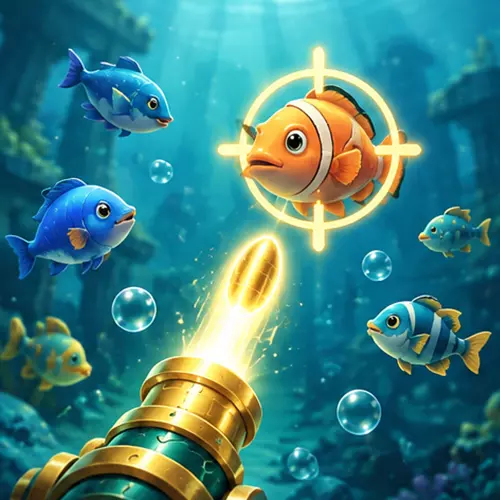 捕魚遊戲瞄準射擊示意圖，炮台鎖定小丑魚並搭配海底魚群與瞄準光圈。