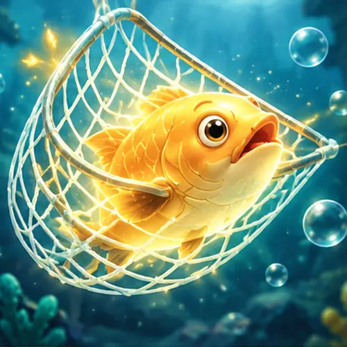 捕魚遊戲捕獲示意圖，金色魚類被發光漁網包圍，呈現捕魚成功的遊戲畫面。