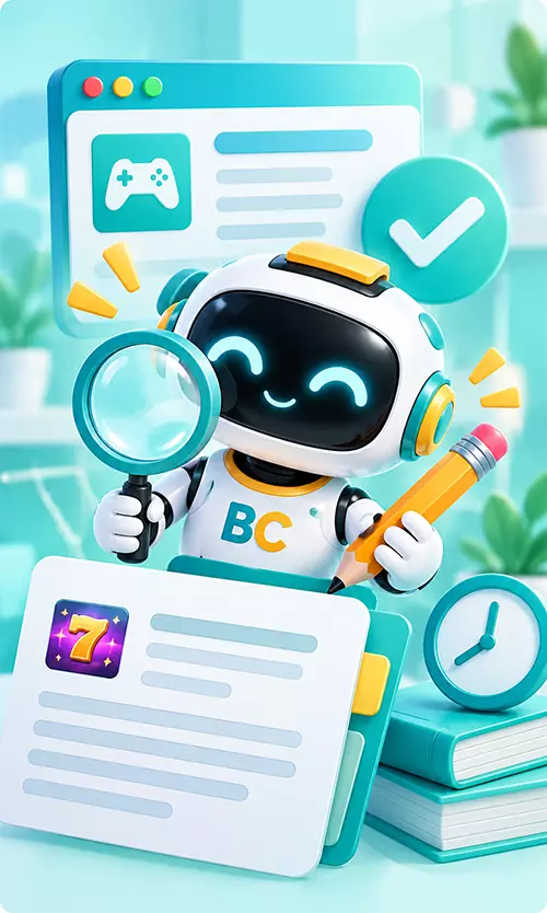 BC博粹網站資訊查核示意圖，智能機器人使用放大鏡檢視資料與確認標記。