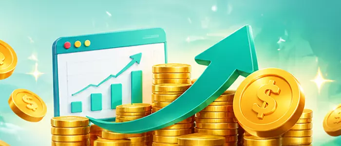 娛樂城遊戲攻略數據圖示，綠色上升箭頭搭配金幣與統計圖表。