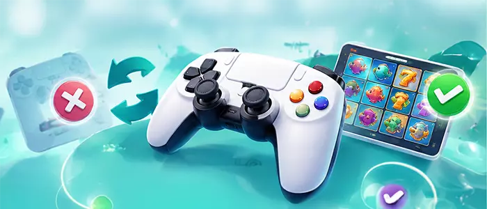 電子遊戲玩法介紹圖片，白色遊戲手把搭配青綠色背景與遊戲控制按鍵。