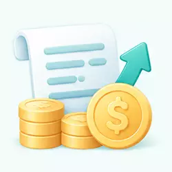 BC博粹會員升級示意圖，金幣堆疊搭配文件清單與向上箭頭。