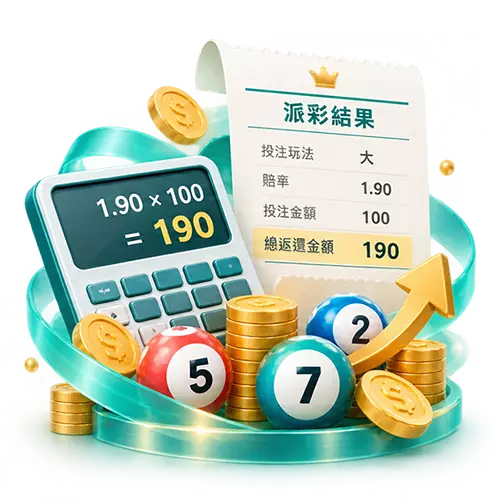 彩票獎金計算示意圖，投注金額、賠率與獎金數據搭配彩球及金幣。