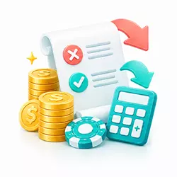 BC博粹返水條件示意圖，文件清單搭配綠色勾選、紅色叉號、計算機及金幣。