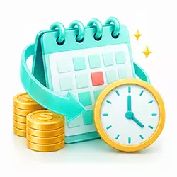 BC博粹返水結算週期示意圖，行事曆搭配時鐘、金幣及循環箭頭。