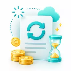 BC博粹返水資料更新示意圖，雲端同步、循環箭頭與沙漏搭配金幣。