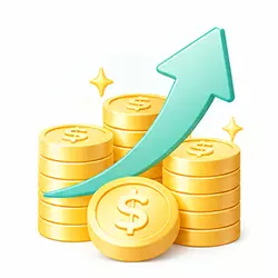 BC博粹返水優惠示意圖，金幣堆疊搭配青綠色上升箭頭。