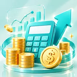 BC博粹體驗金金額計算示意圖，計算機、金幣與向上箭頭呈現優惠數值變化。