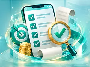 BC博粹VIP會員規則查詢示意圖，手機文件清單搭配放大鏡與確認符號。
