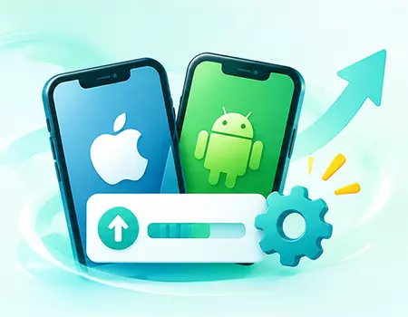 BC博粹手機裝置操作示意圖，兩支手機顯示Apple與Android圖示，搭配設定齒輪與進度條。
